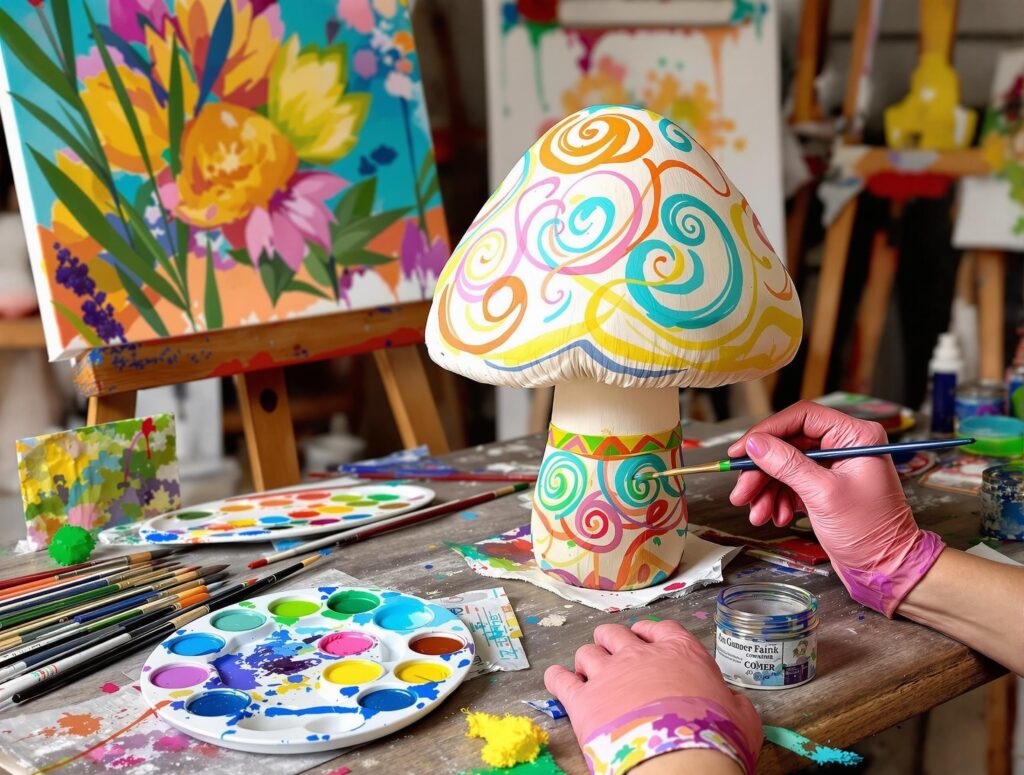 Painting a DIY Garden Mushroom